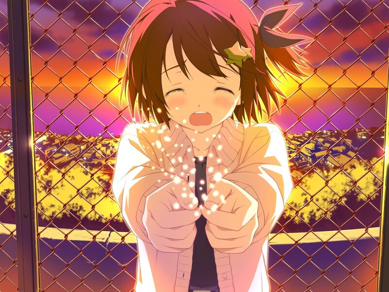 Anime girl with sparkles at sunset