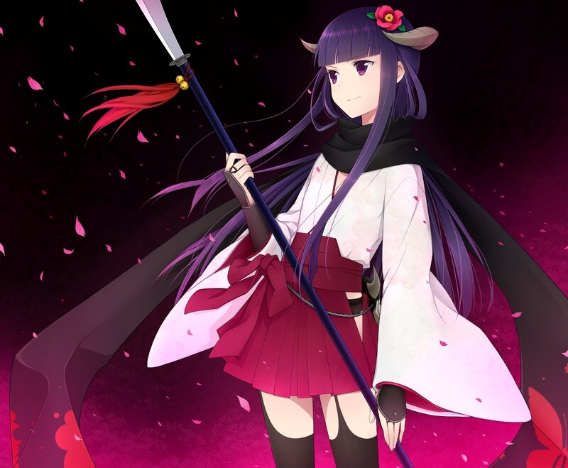 anime girl with spear and cherry blossoms