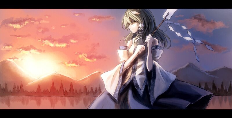 anime girl with spear at sunset