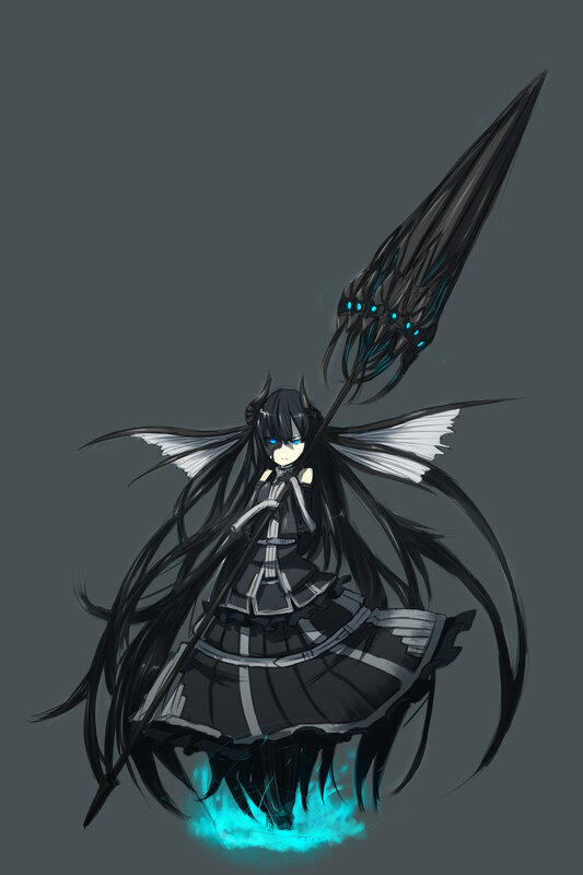 Anime Girl with Spear — Black, Dramatic, Digital Art, Wings, Blue Eyes