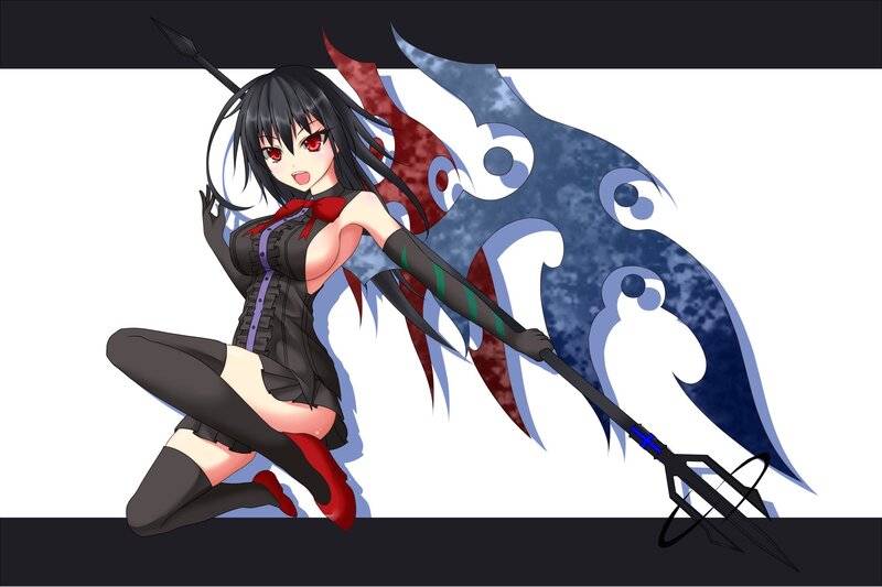 Anime Girl with Spear — Black, Dramatic, Red Eyes, Black Hair