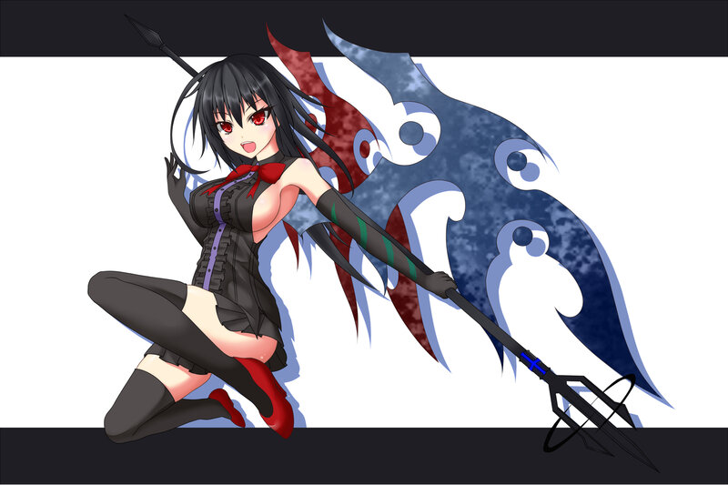Anime Girl with Spear — Black, Dramatic, Red Eyes