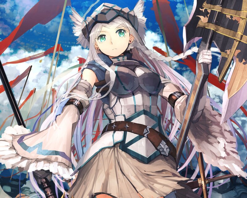 Anime Girl with Spear — Blue, Dramatic, Afternoon