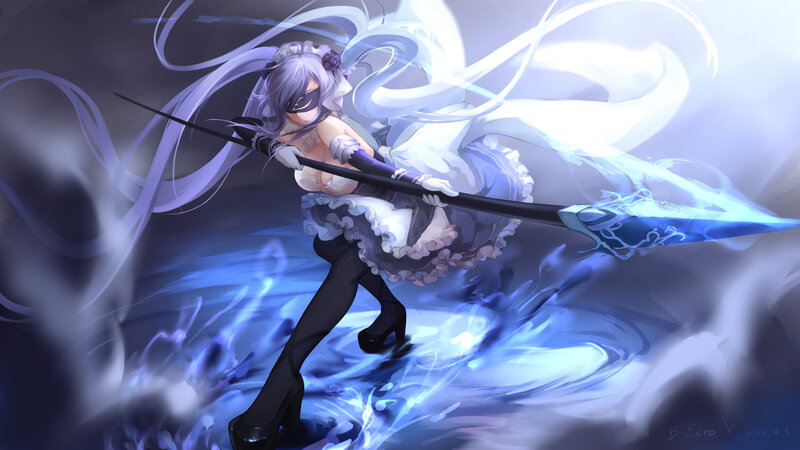 Anime Girl with Spear — Blue, Dramatic, Digital Art, Long Hair