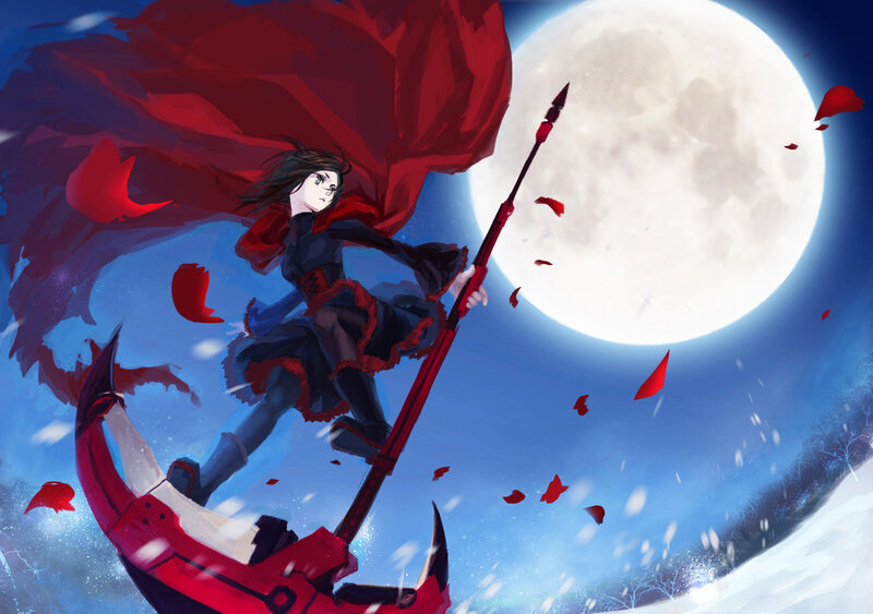 Anime Girl with Spear — Blue, Dramatic, Night, Digital Art, Moon