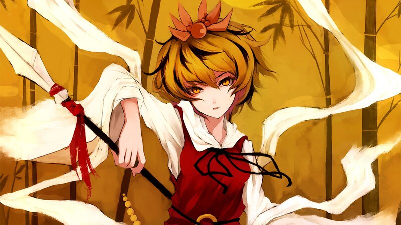 anime girl with spear in bamboo forest