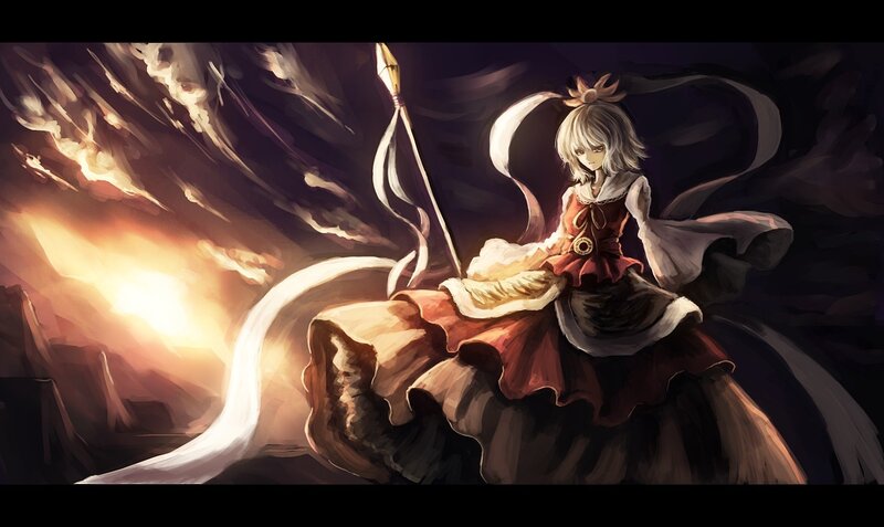 anime girl with spear in dark cave