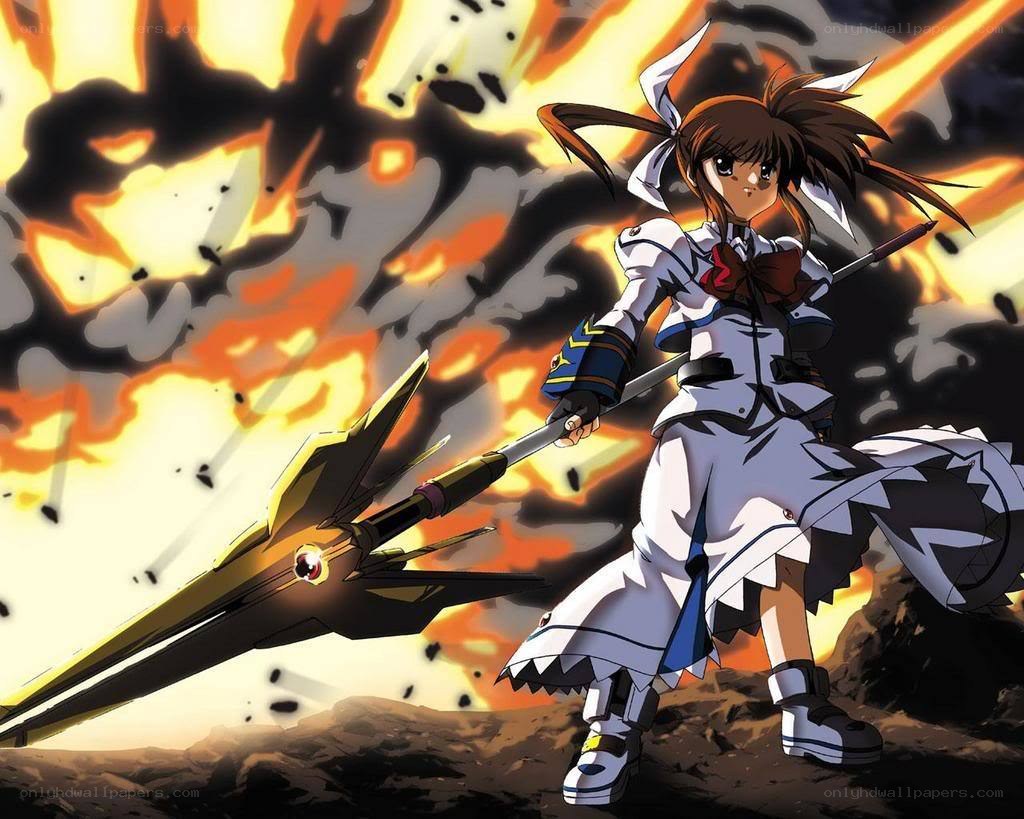anime girl with spear in explosion