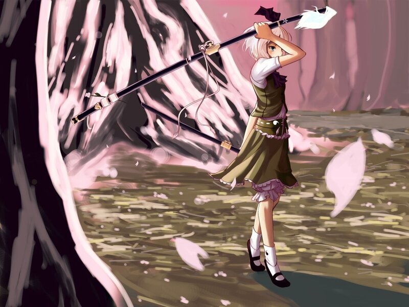 Anime girl with spear in forest