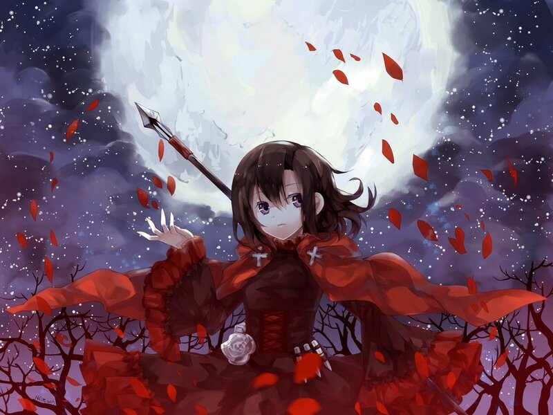 Anime girl with spear in red cloak