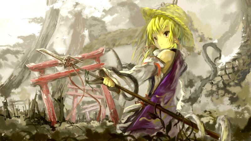 Anime girl with spear near torii gate