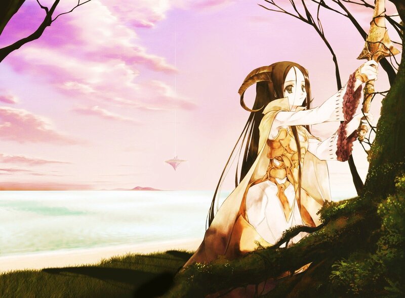 Anime girl with spear on beach