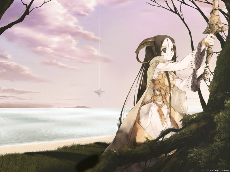 anime girl with spear on beach