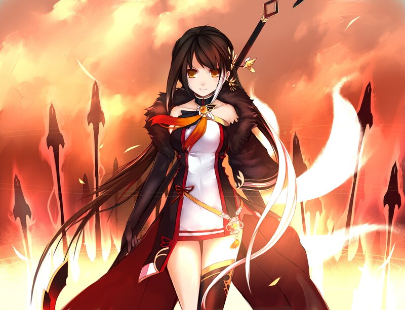 Anime Girl with Spear — Orange, Dramatic, Digital Art