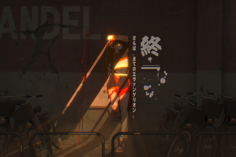 Anime Girl with Spear — Orange, Dramatic, Night