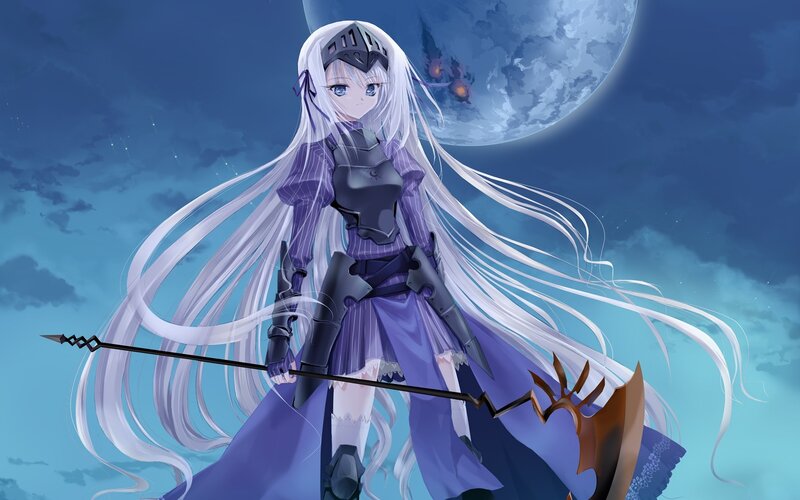 Anime Girl with Spear — Purple, Dramatic, Night