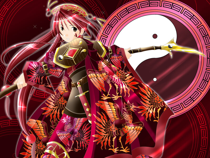 Anime Girl with Spear — Red, Dramatic, Digital Art, Yin-yang Symbol