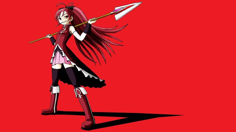 Anime Girl with Spear — Red, Dramatic, Long Hair, Red Background