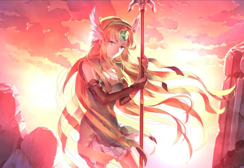Anime Girl with Spear — Red, Dramatic, Sunset