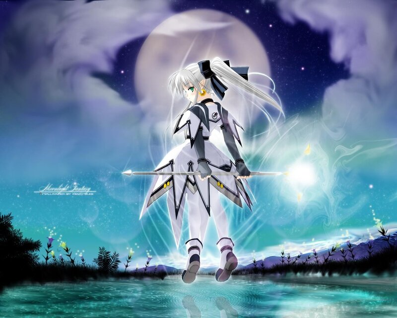 Anime girl with spear under moonlight