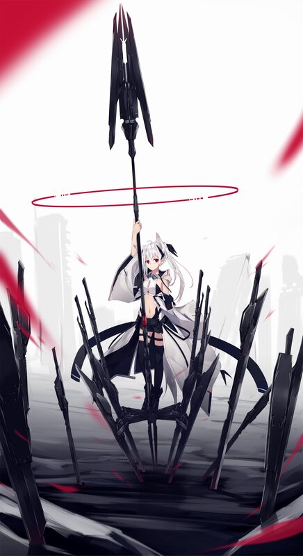 Anime Girl with Spear — White, Dramatic, Digital Art, Cityscape