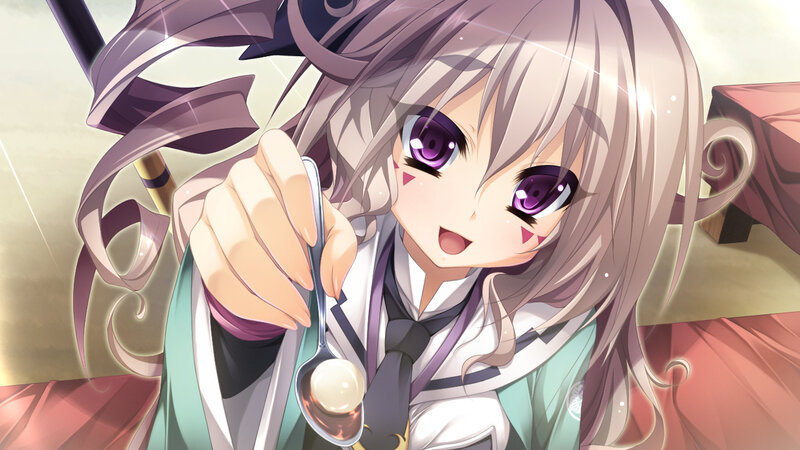 Anime Girl with Spoon — Purple, Playful, Ribbon