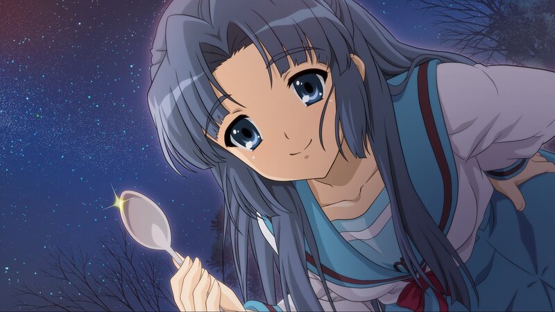 Anime girl with spoon under stars