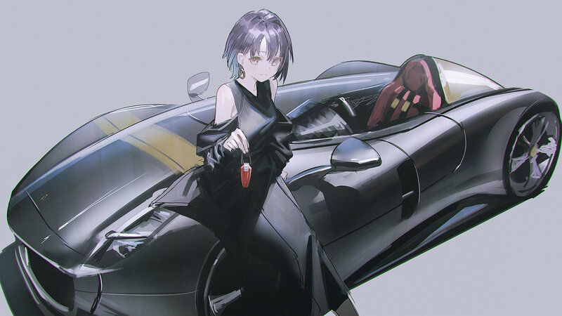 Anime Girl with Sports Car — Black, Calm