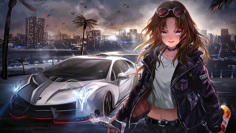 Anime Girl with Sports Car — Black, Dramatic, Night