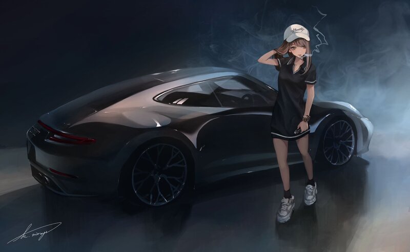 Anime Girl with Sports Car — Black