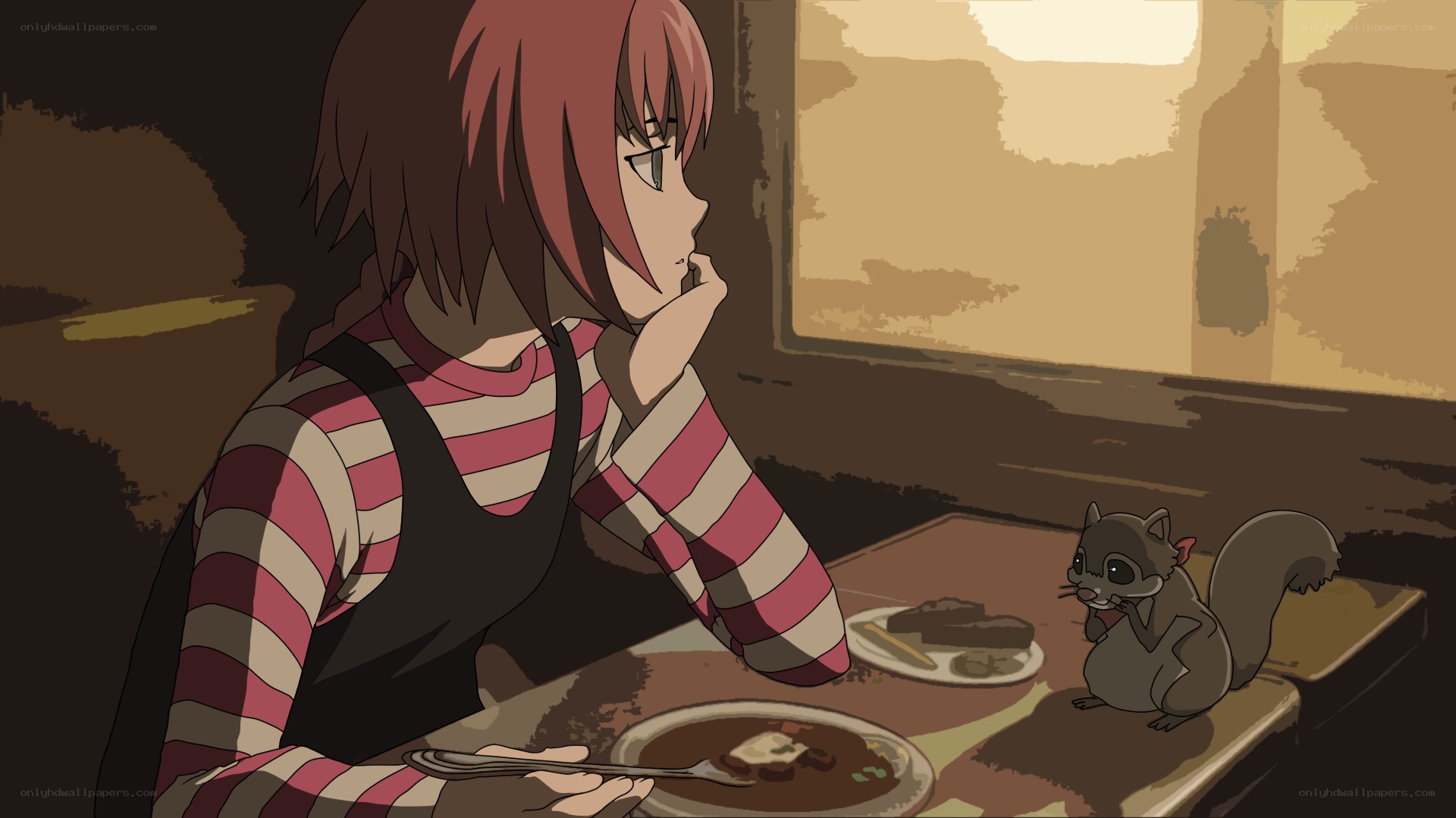 Anime girl with squirrel at table