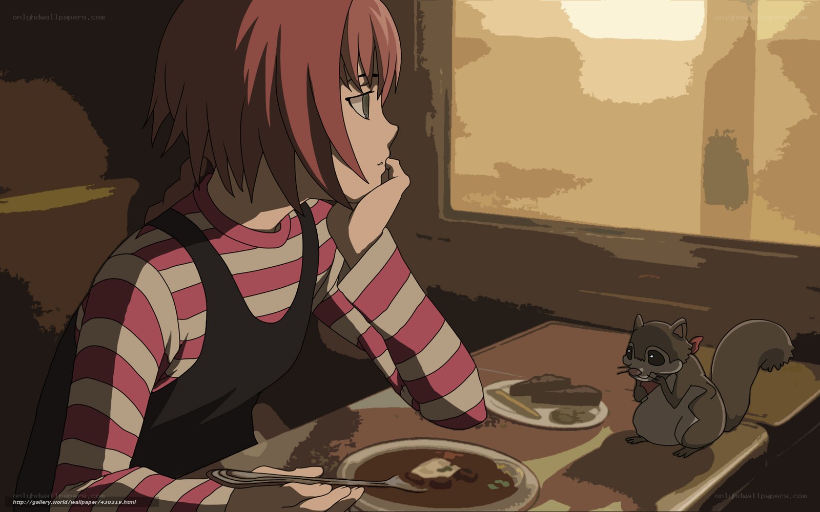 Anime girl with squirrel at table