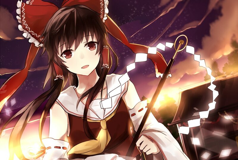 anime girl with staff at dusk