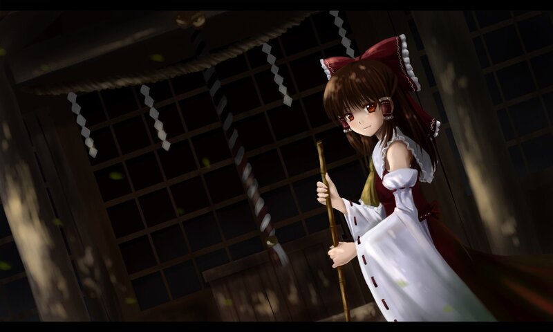 anime girl with staff at shrine