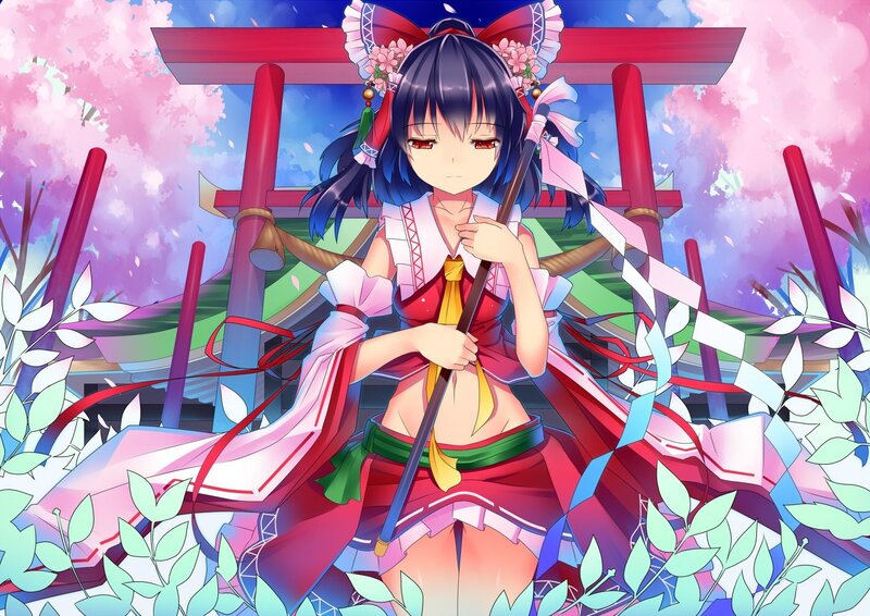 Anime girl with staff at shrine