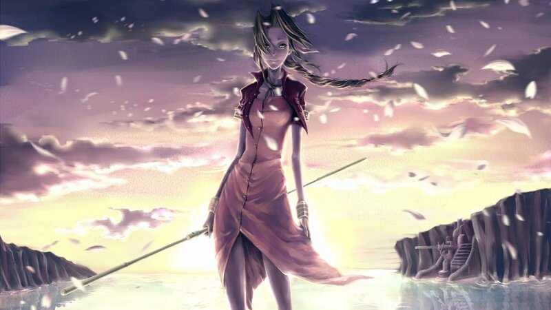 anime girl with staff at sunset