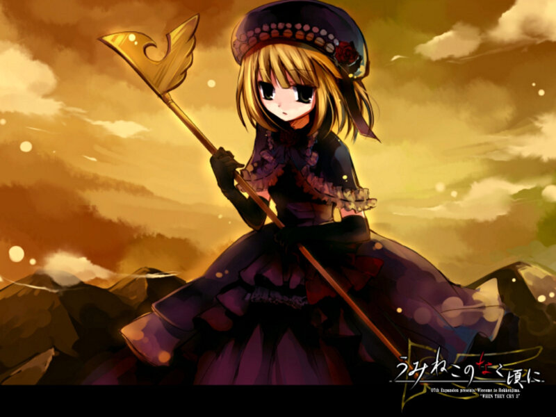 Anime girl with staff at sunset