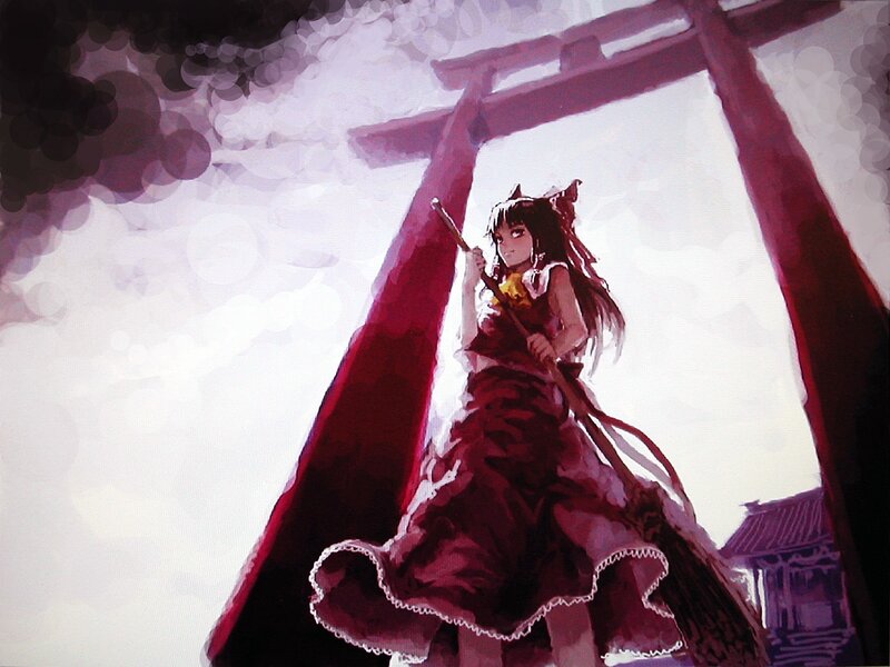 Anime girl with staff at torii gate
