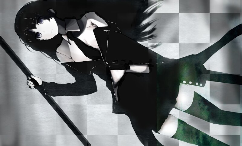 Anime Girl with Staff — Black, Dramatic, Checkered Background