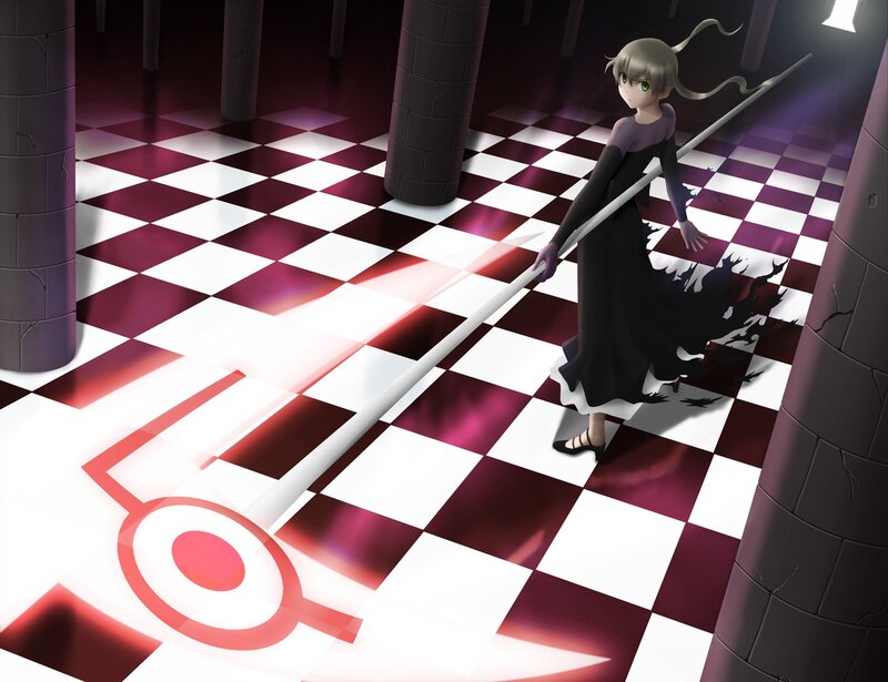 Anime Girl with Staff — Black, Dramatic, Checkered Floor