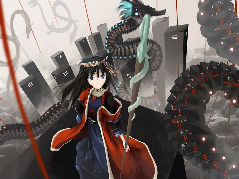 Anime Girl with Staff — Black, Dramatic, Digital Art