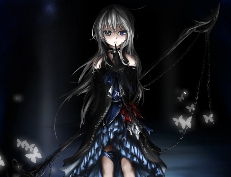 Anime Girl with Staff — Black, Dramatic, Night, Digital Art, Butterflies