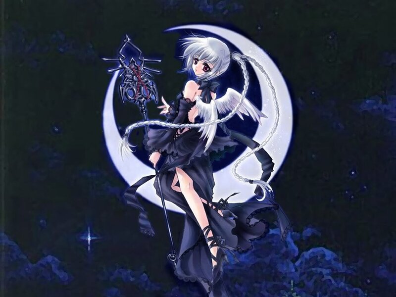 Anime Girl with Staff — Black, Dramatic, Night