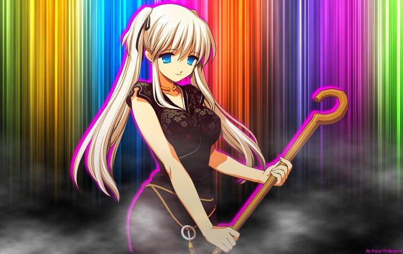 Anime Girl with Staff — Black, Dramatic, Rainbow Background