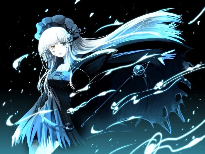 Anime Girl with Staff — Black, Dramatic