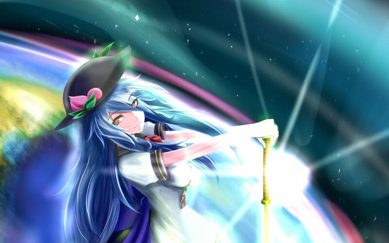 Anime Girl with Staff — Blue, Dramatic, Digital Art, Hat
