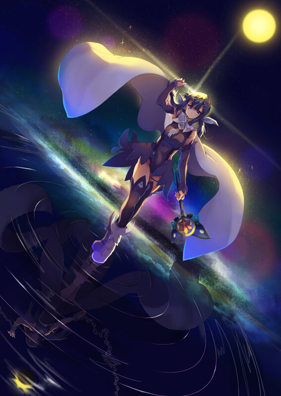 Anime Girl with Staff — Blue, Dramatic, Night, Digital Art, Cape