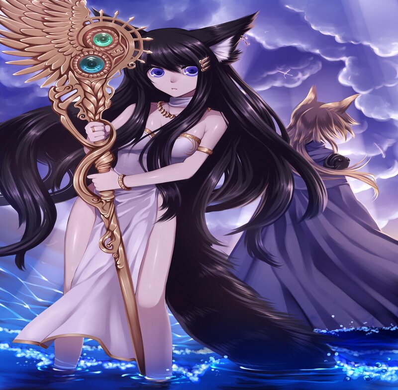 Anime Girl with Staff — Blue, Dramatic, Night, Digital Art, Cat Ears
