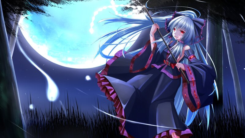 Anime Girl with Staff — Blue, Dramatic, Night, Digital Art, Moon