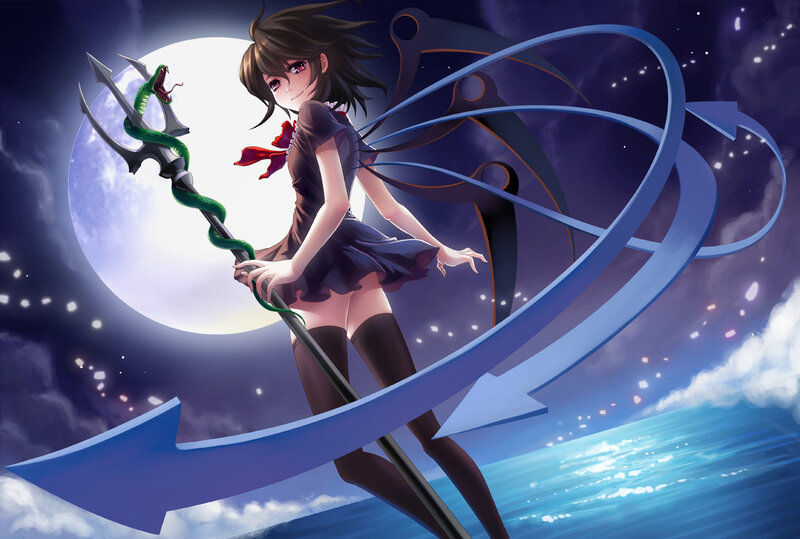 Anime Girl with Staff — Blue, Dramatic, Night, Digital Art